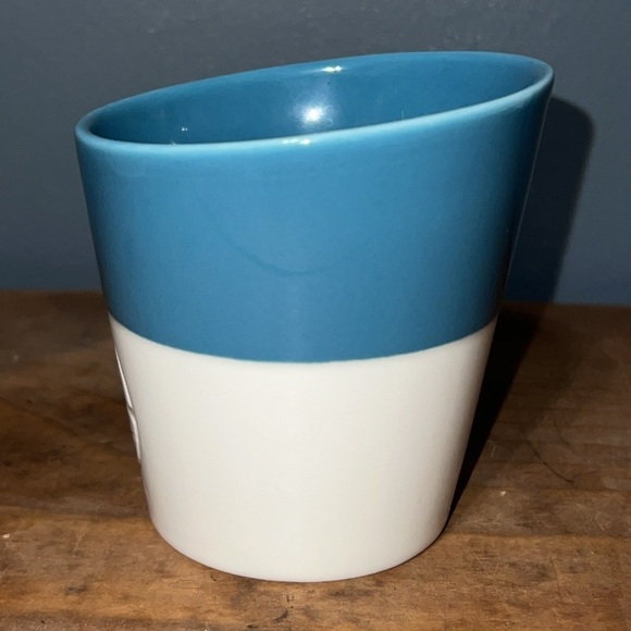 STARBUCKS 2011 Tazo Tea turquoise blue & bone white mug slant top 3 3/4” tall - Picture 9 of 10